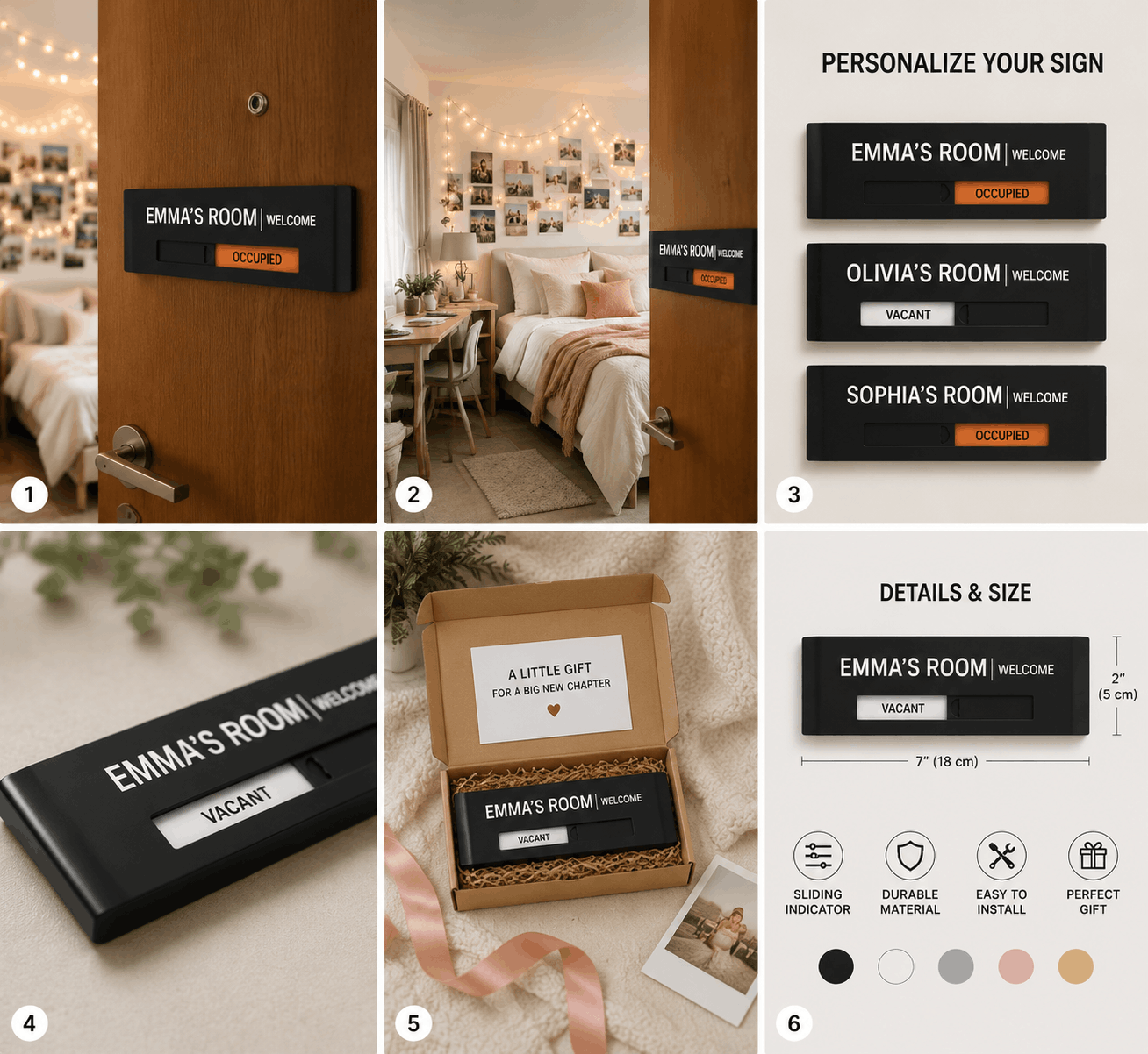Six-panel product explainer collage for black personalized room sign plaques. The images show the plaques mounted on doors, inside a styled bedroom, close-up details, and size/color options.